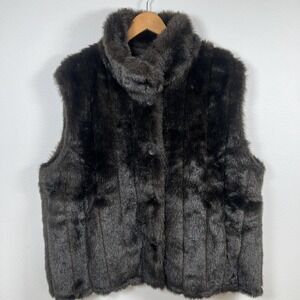 Unbranded Faux Fur Vest Womens L XL Dark Brown Mock Neck Button Front Luxe